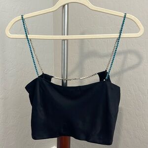 Meshki black satin crop top with emerald color crystal strap